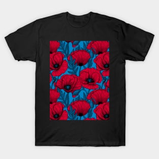 Red poppy garden on blue T-Shirt